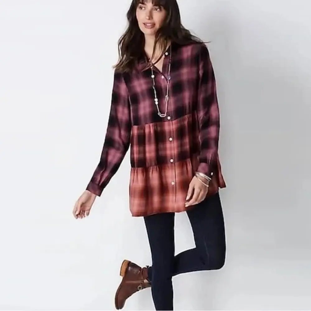 J.Jill Plaid Tiered Tunic Top Purple Pink Black Long Sleeve Button Down Size‎ XL